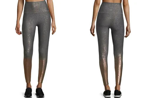 gold faded up to grey Beyond Yoga High Waisted Alloy Ombre Midi Leggings modeled front and back
